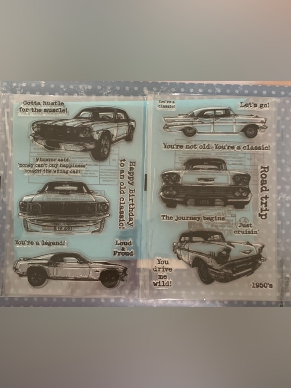 Daiso Vintage Car Clear Stamp Set - Black on Light Blue